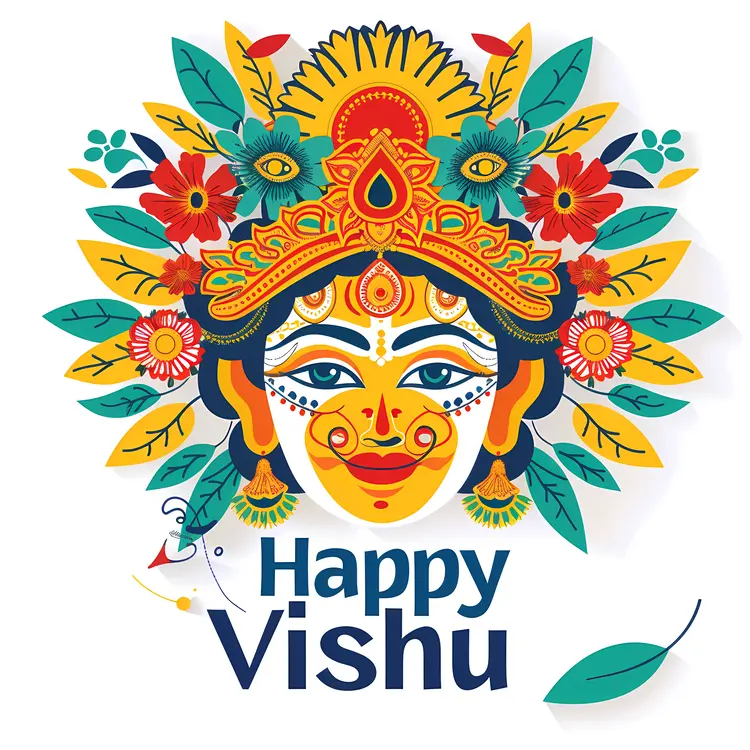 Happy Vishu with Traditional Mask and Flowers