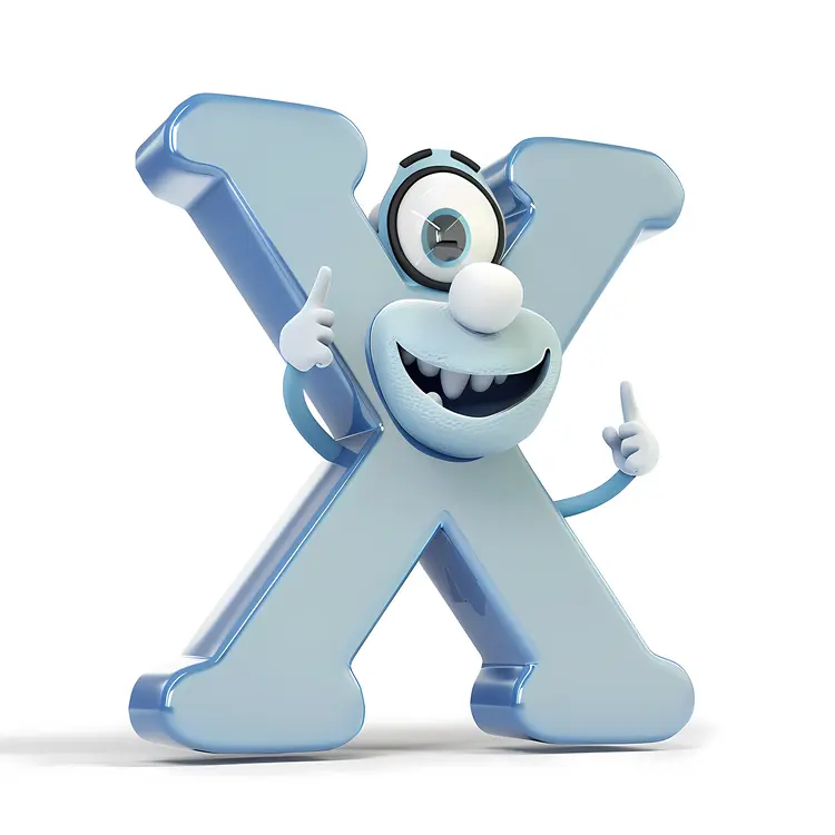 Blue Letter X Cartoon Character with a Smiling Face