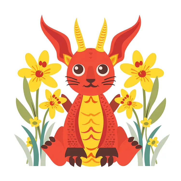 Cute Red Dragon with Daffodils