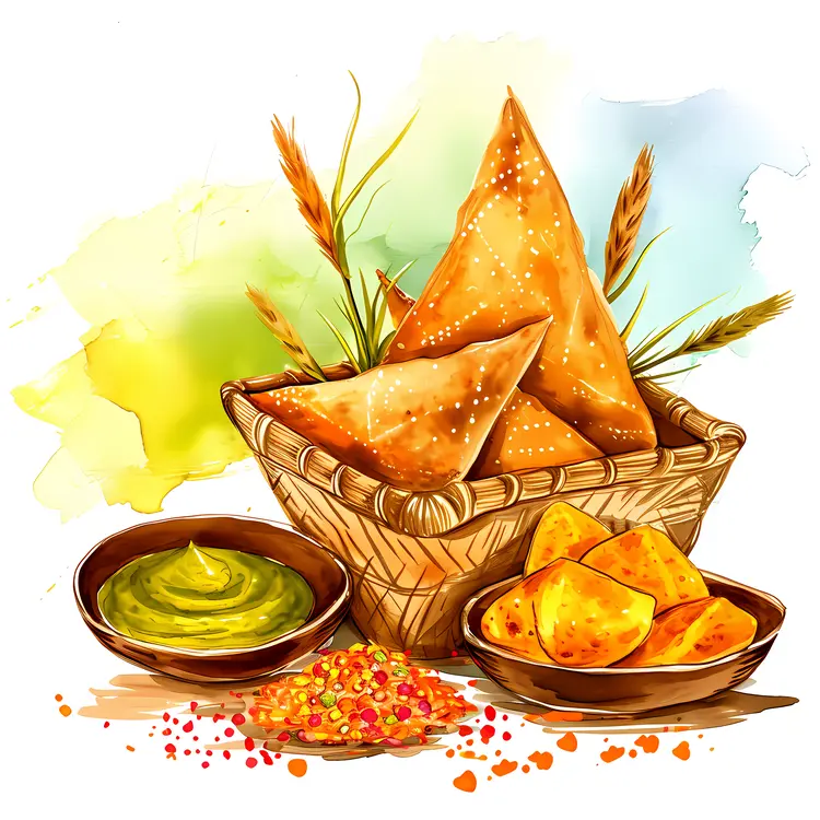 Basket of Samosas with Dips