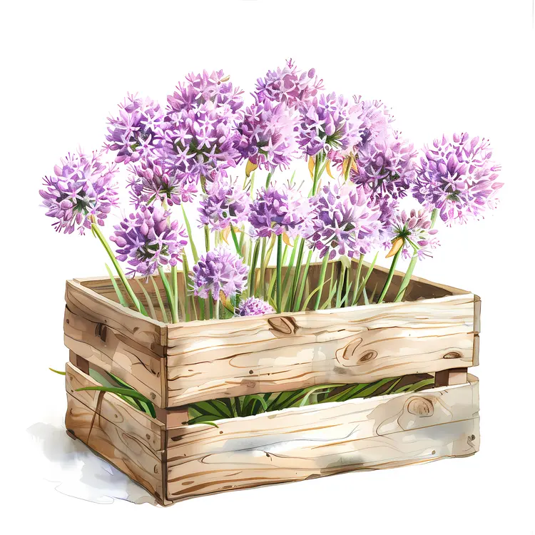 Lavender Allium Flowers in Wooden Crate