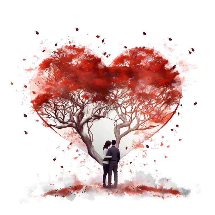 Heart-shaped Tree with Couple and Red Leaves