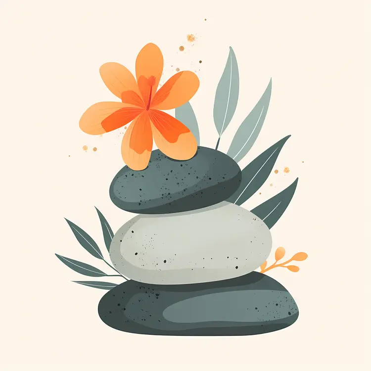 Zen Stacked Stones with Flowers and Leaves