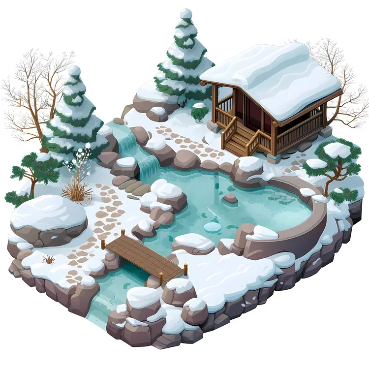 Snowy Hot Spring with Wooden Cabin