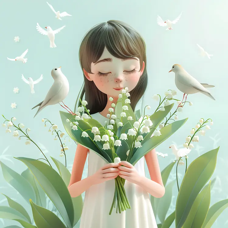 Cute Girl Holding Flowers with Birds