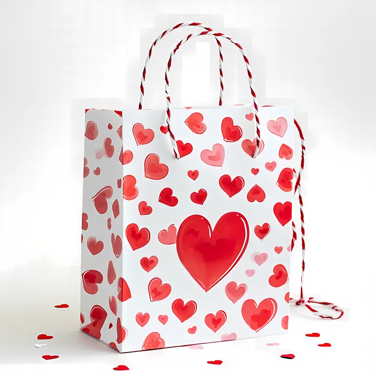 White Gift Bag with Red Hearts for Valentine's Day
