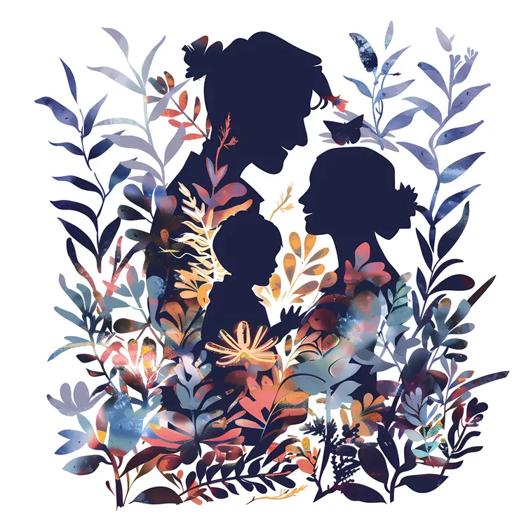 Silhouette Mother with Children in Floral Frame