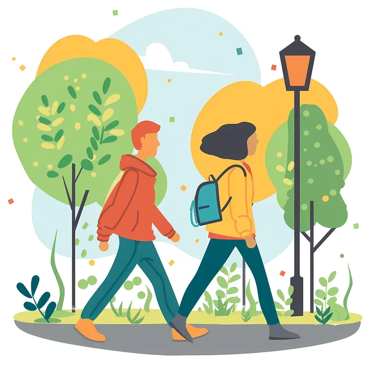 People Walking in a Park with Trees and Lamp Post