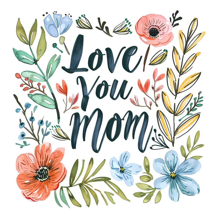 Love You Mom with Flowers and Leaves
