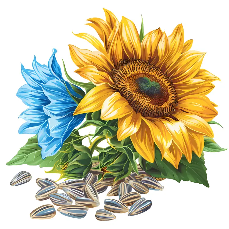 Yellow and Blue Sunflowers with Seeds Illustration