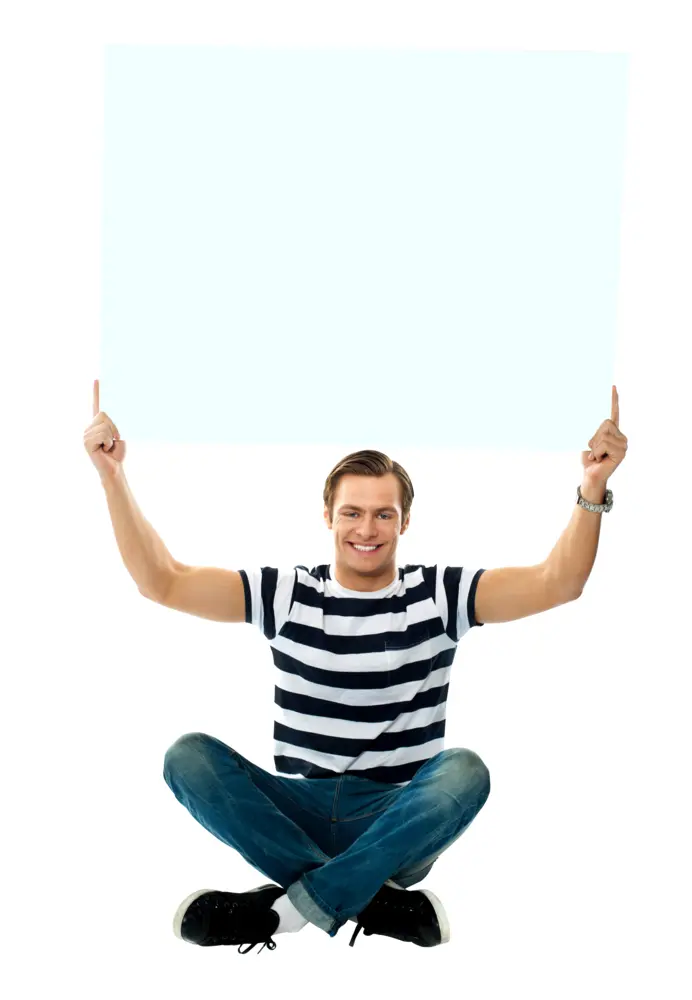 Man Holding Blank Sign While Sitting