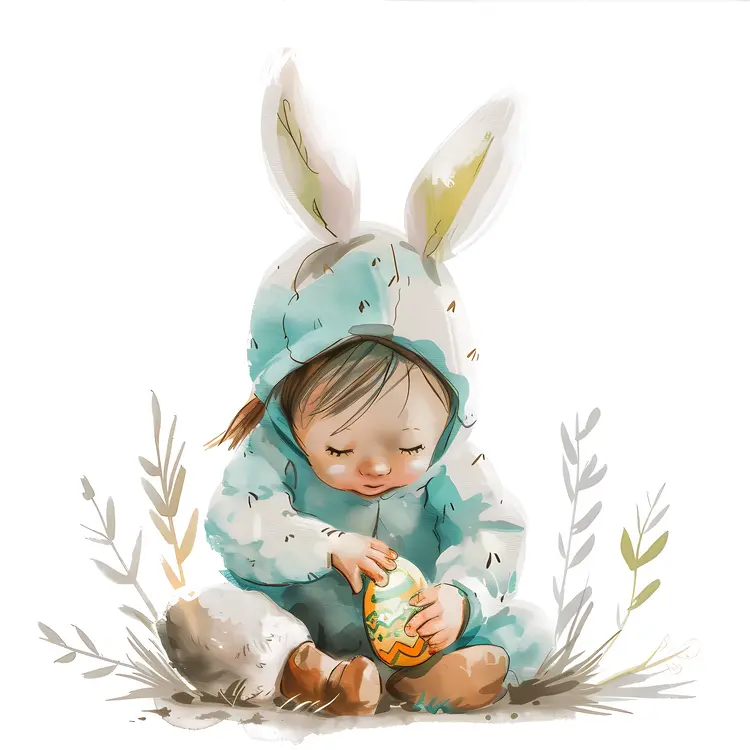 Watercolor Baby Bunny with Easter Egg