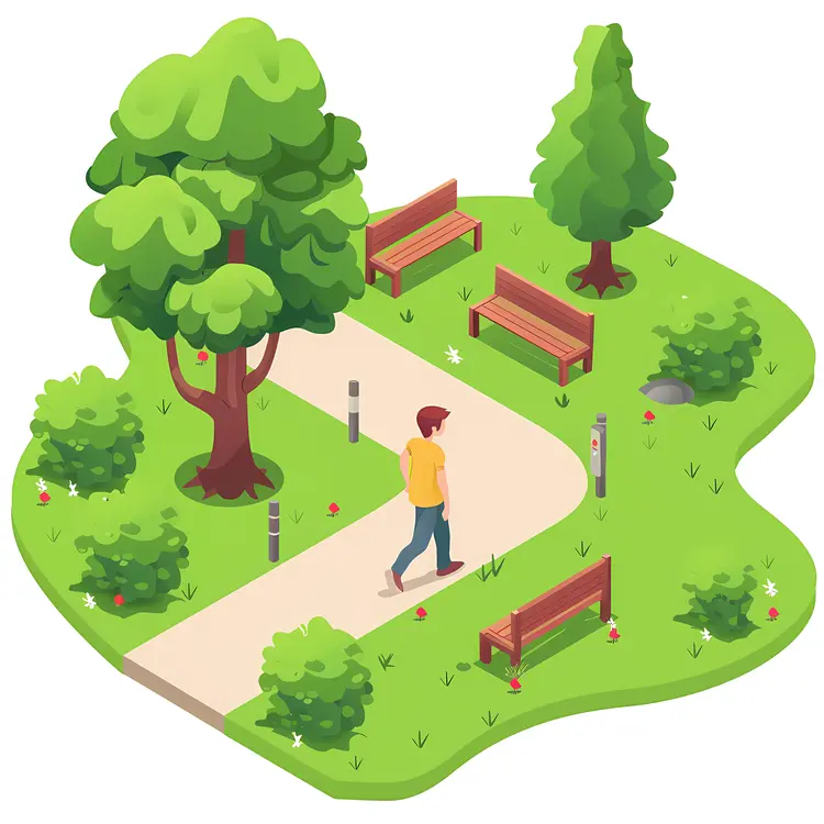 Man Walking in a Park with Benches