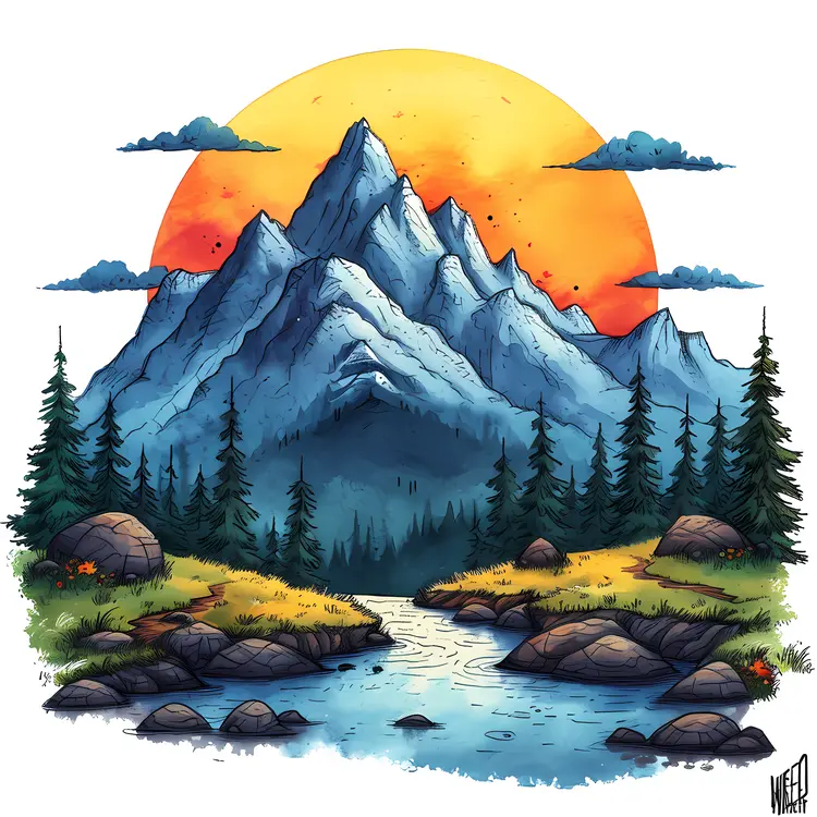 Mountain Landscape with Sunset and River