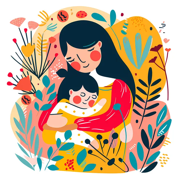Mother and Child Embracing in Floral Surroundings