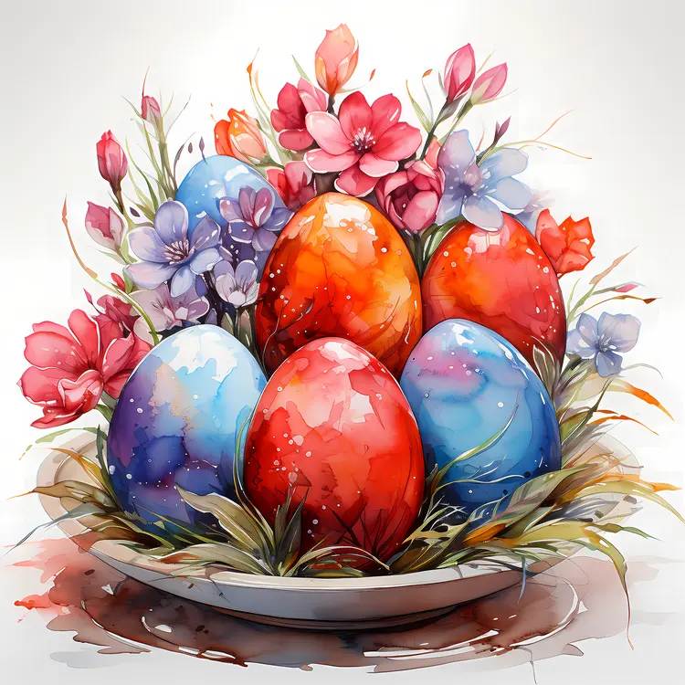 Colorful Easter Eggs in a Floral Basket
