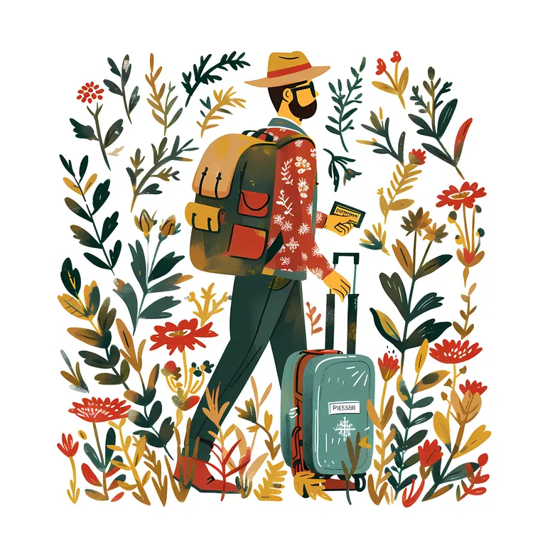 Traveler with Luggage and Backpack in Floral Background
