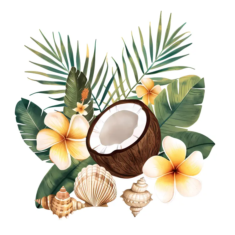 Tropical Coconut with Flowers and Shells