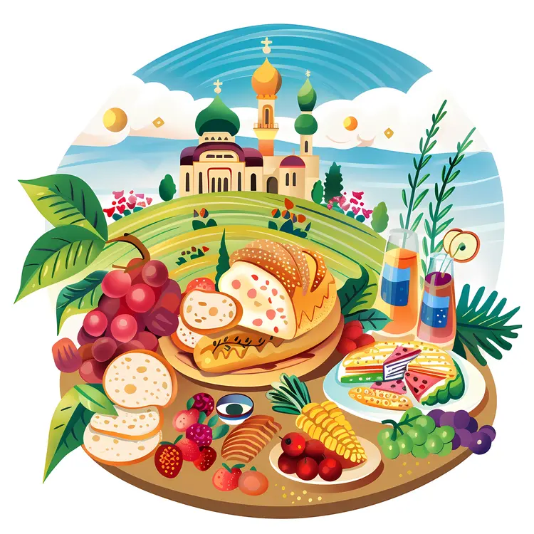 Assorted Bread and Fruits with Landscape