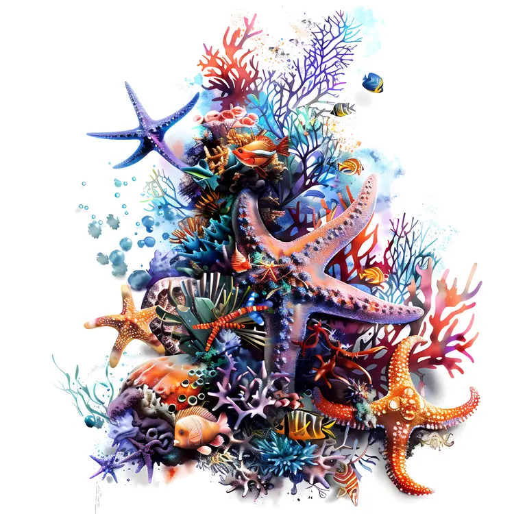 Colorful Coral Reef with Starfish and Fish