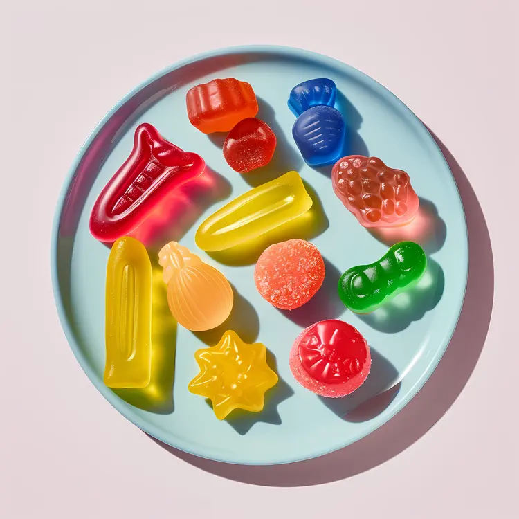 Assorted Gummy Candies on Blue Plate