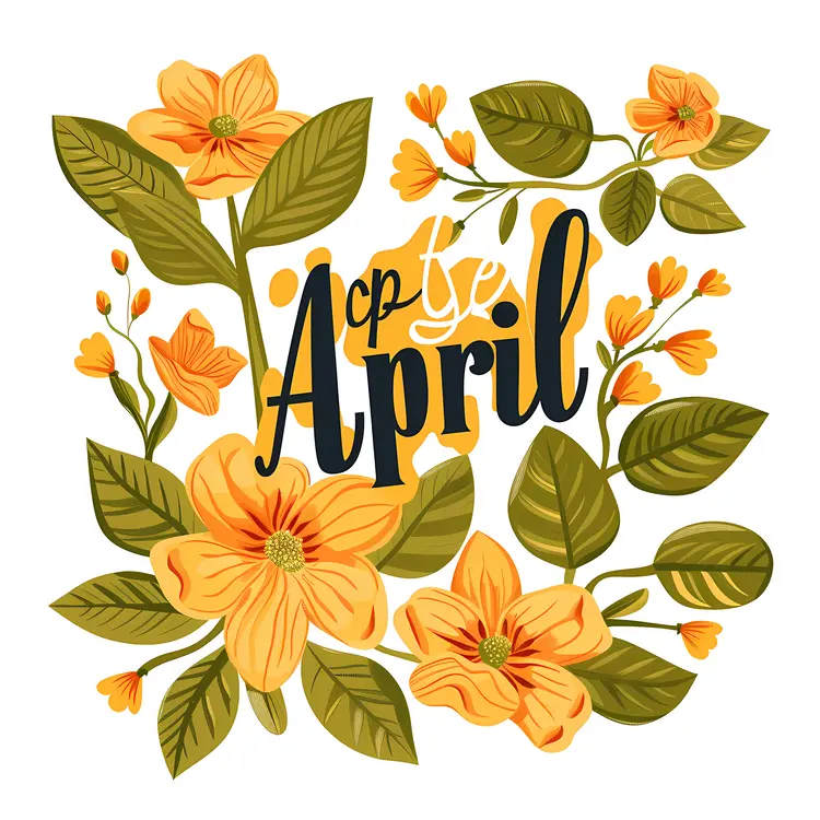 April Text with Yellow Flowers and Green Leaves