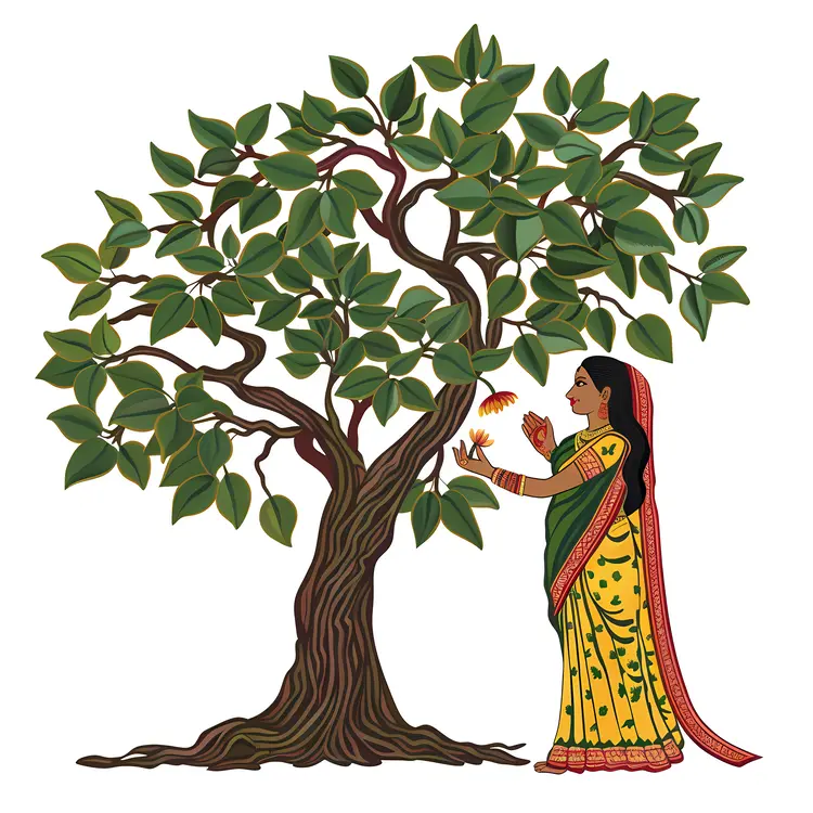 Woman in Traditional Dress Offering to Tree