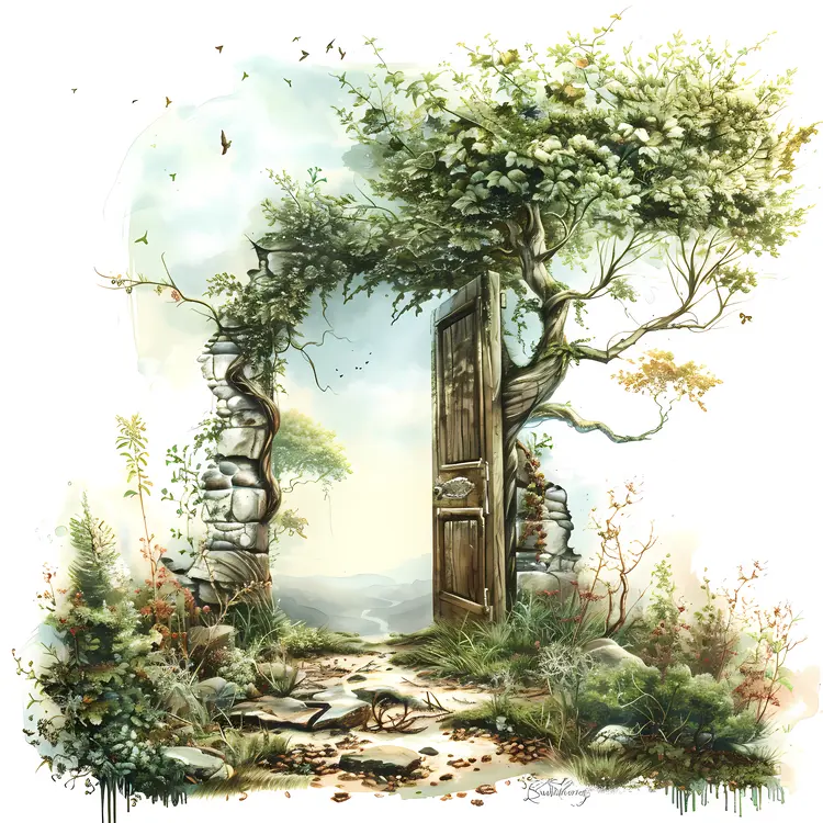 Ancient Stone Archway with Vines and Birds