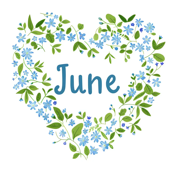 June with Blue Flowers in Heart Shape