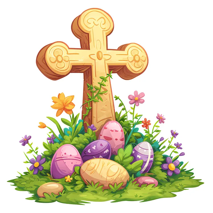 Wooden Cross with Easter Eggs and Flowers