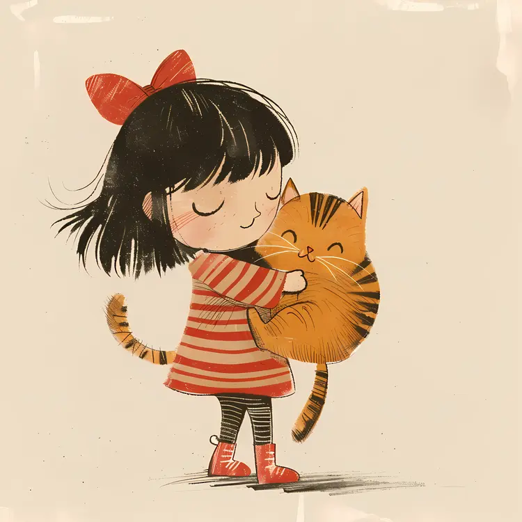 Cute Girl with Cat Illustration
