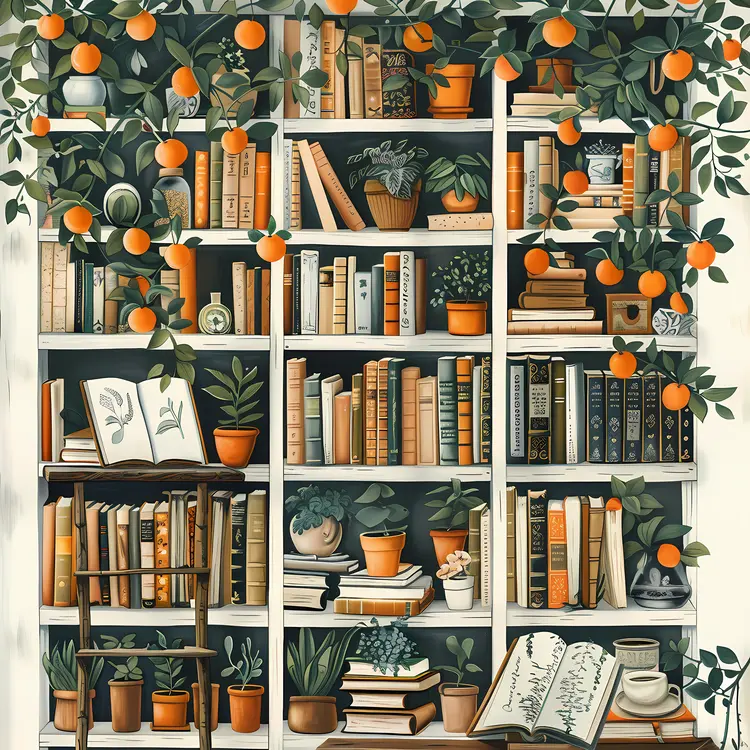 Bookshelf with Books and Orange Plants