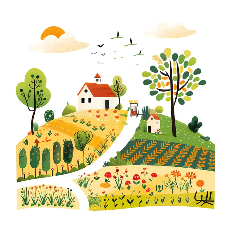 Cute Cartoon Farm with Fields and Trees