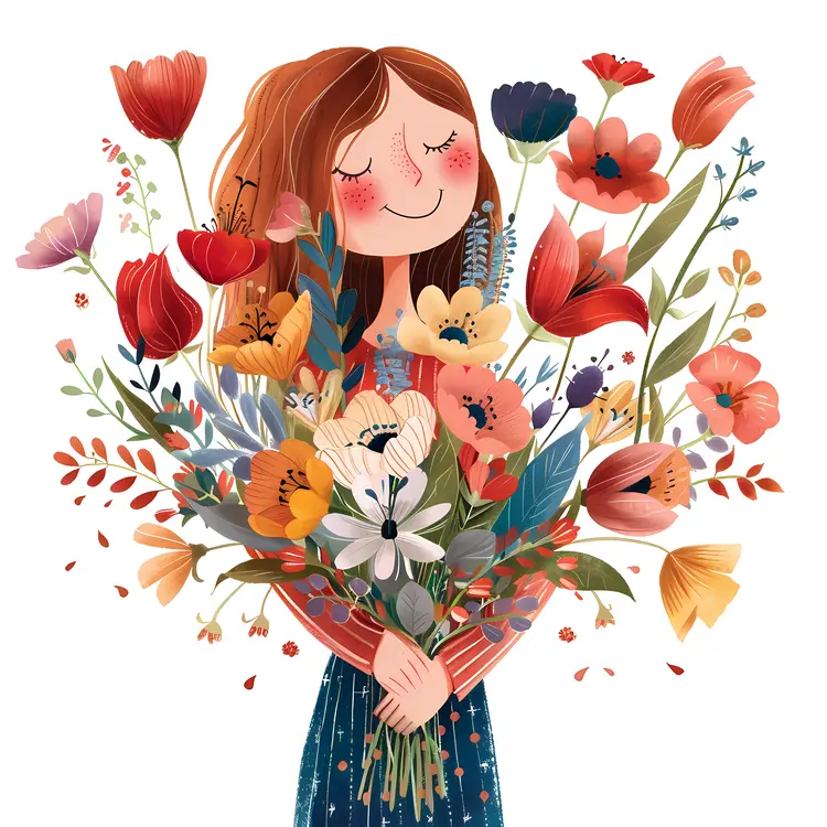 Happy Girl with Flowers Illustration