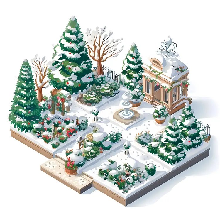 Charming Snowy Garden with Fountain