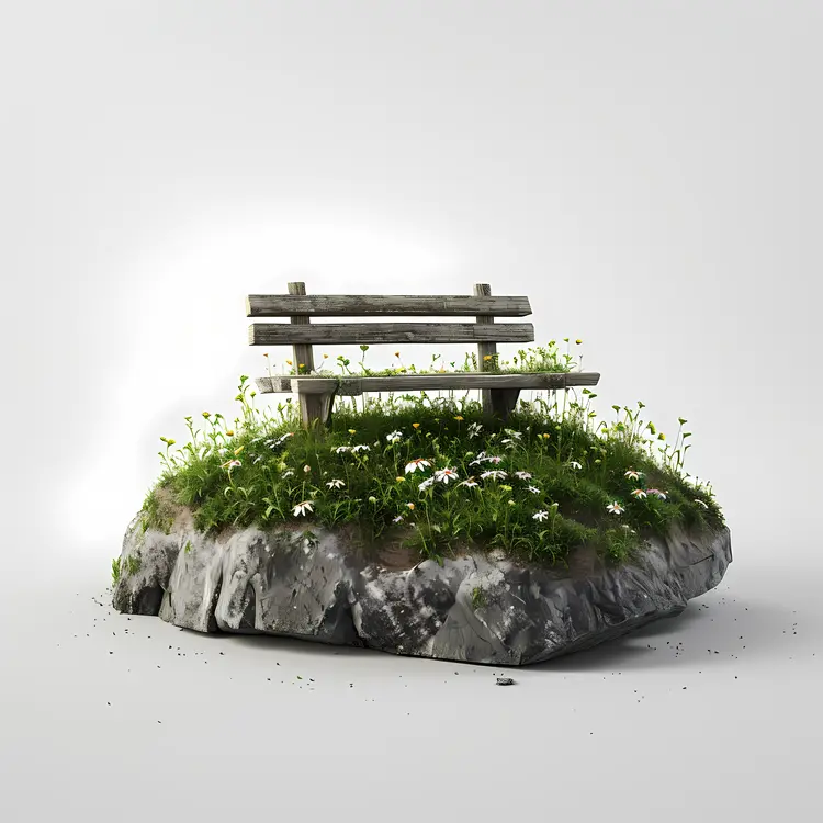 Wooden Bench on Rock with Flowers
