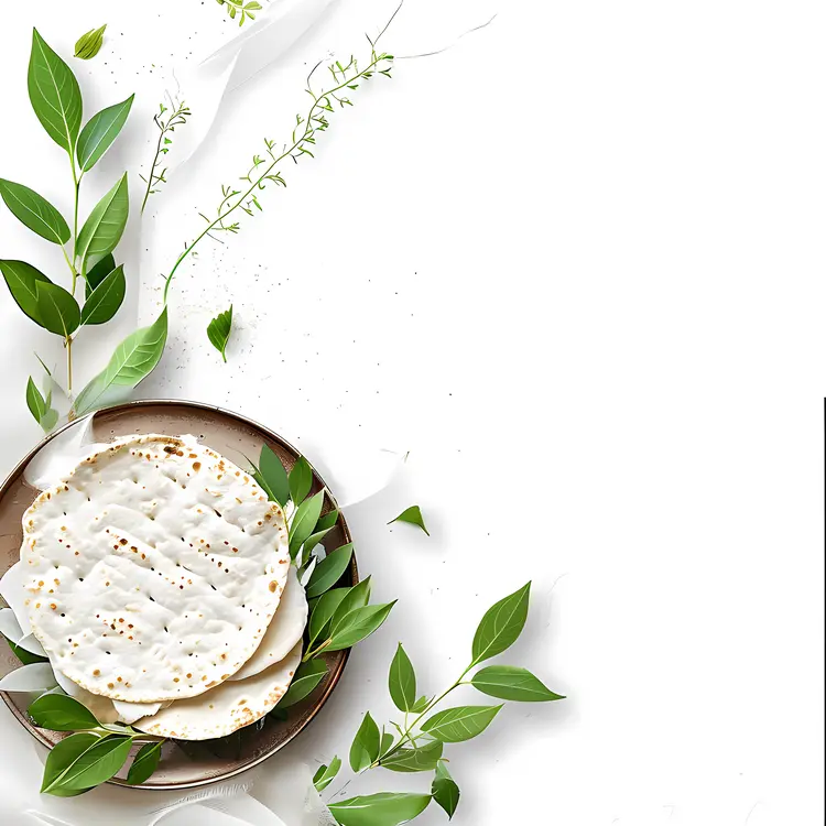 Matzah with Leaves on Plate for Passover