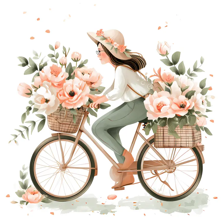 Woman Riding Bicycle with Flowers