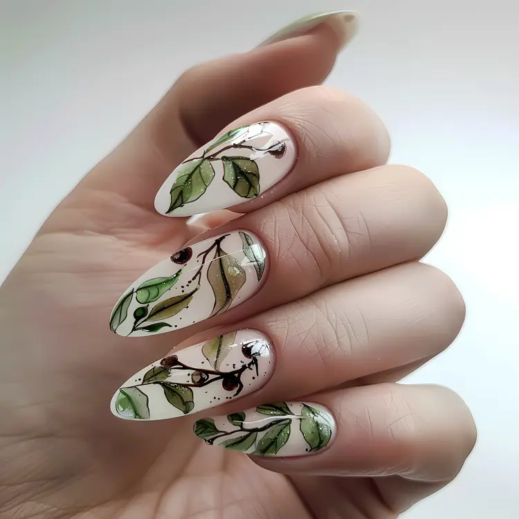 Elegant Leaf Nail Art with Green Leaves