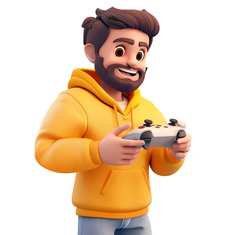 Cartoon Man with Game Controller in Casual Attire