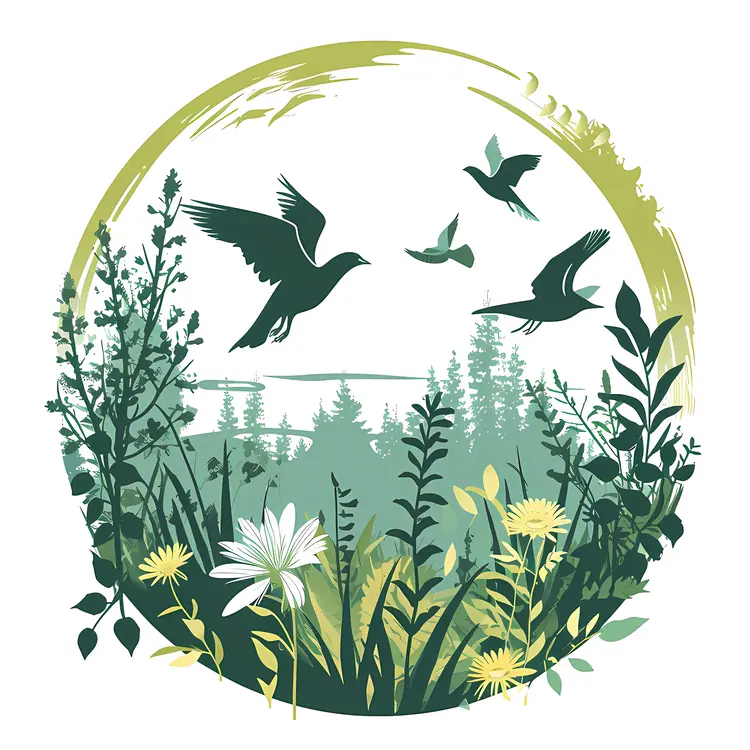 Serene Nature Scene with Birds and Forest
