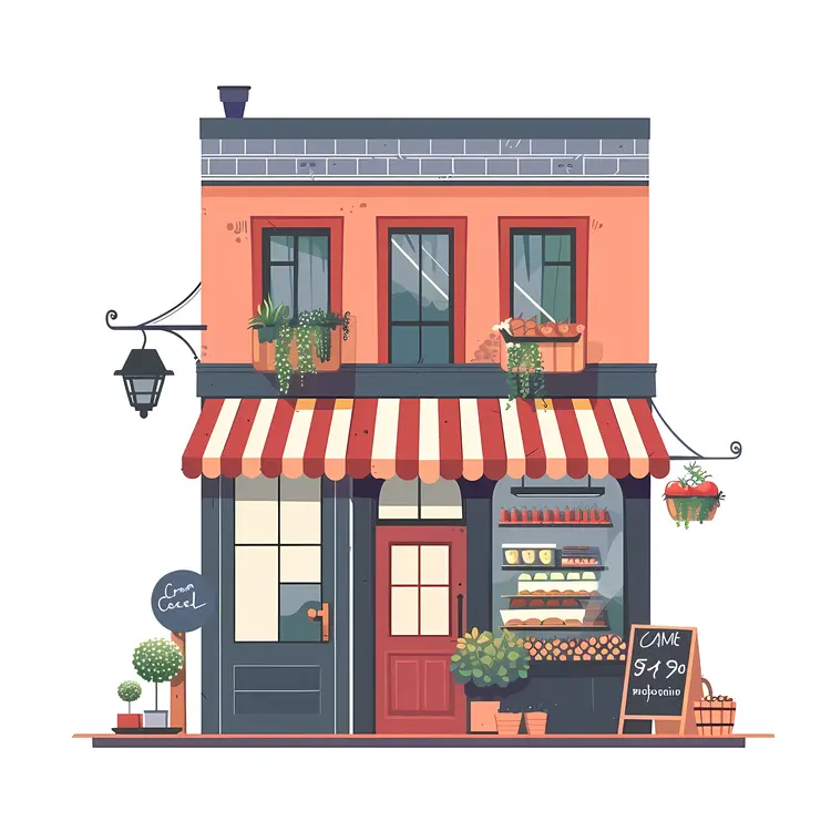 Charming Small Shop with Red Striped Awning