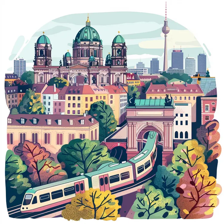 Berlin Cathedral and TV Tower with Train