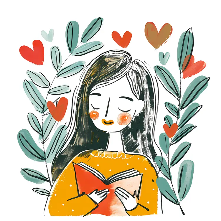 Cute Girl Reading Book with Hearts and Leaves