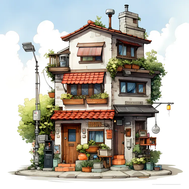 Small cute doodle house with plants and street lamp