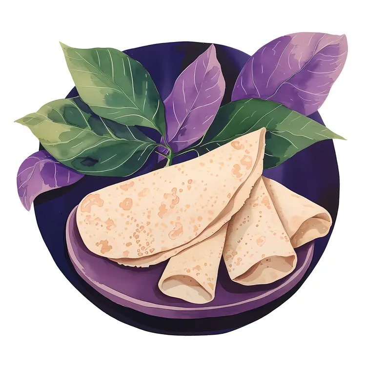 Crepes with Leaves on a Purple Plate