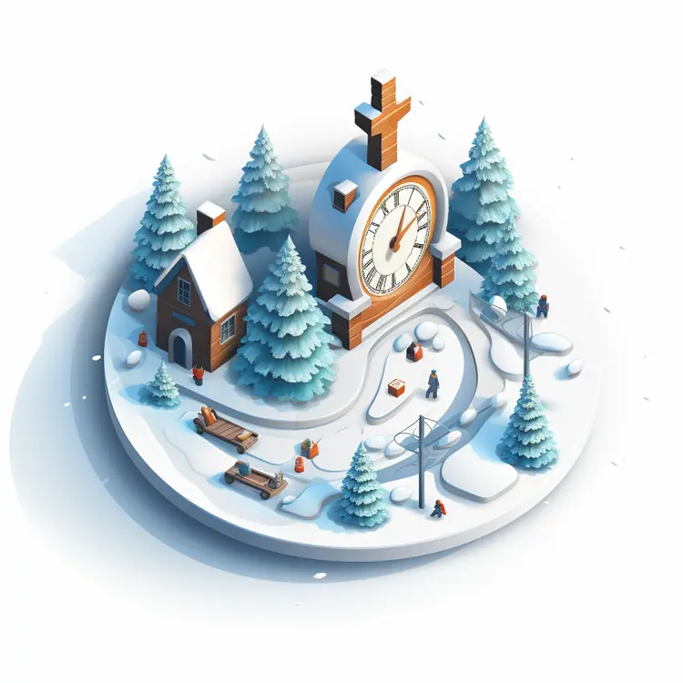 Clock Tower and House in Winter Village