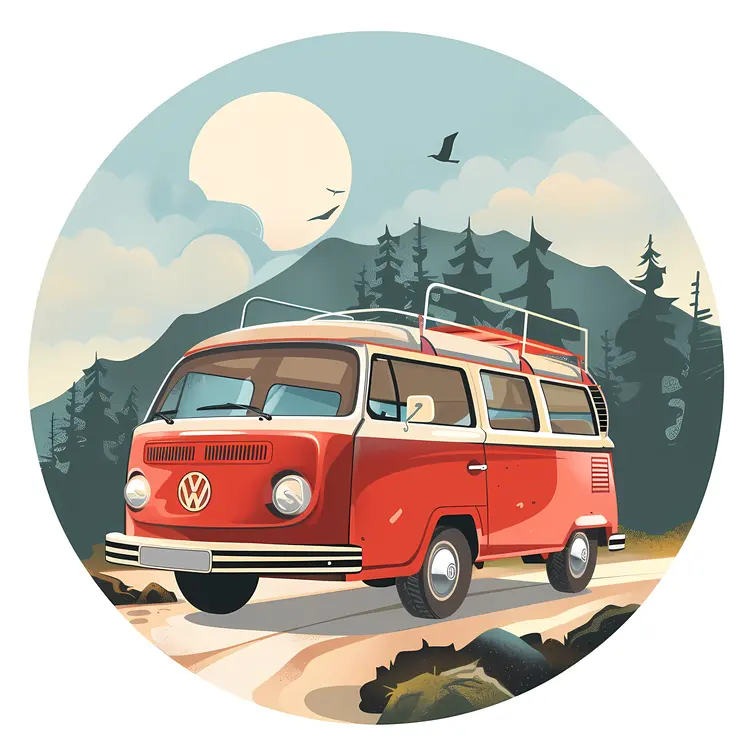 Red Van on a Forest Road