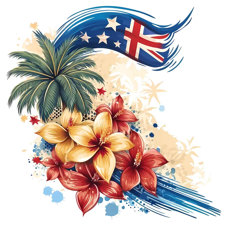 Australian Flag with Tropical Flowers