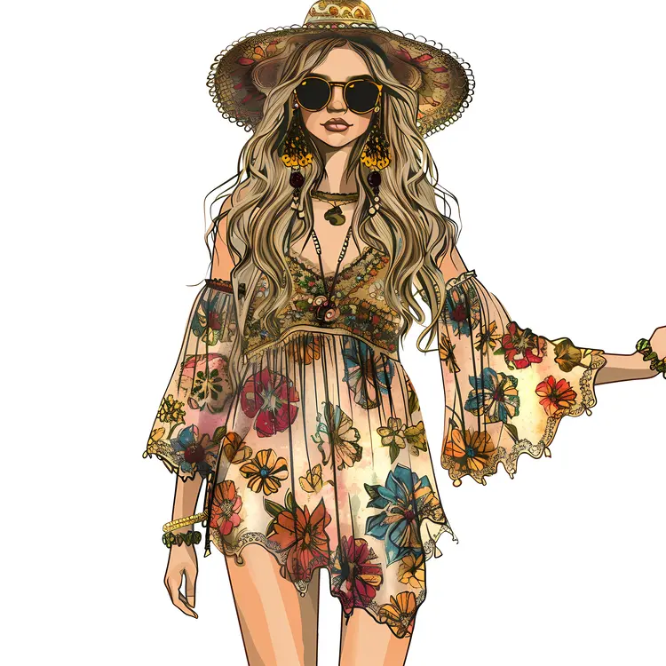 Trendy Bohemian Woman in Summer Dress